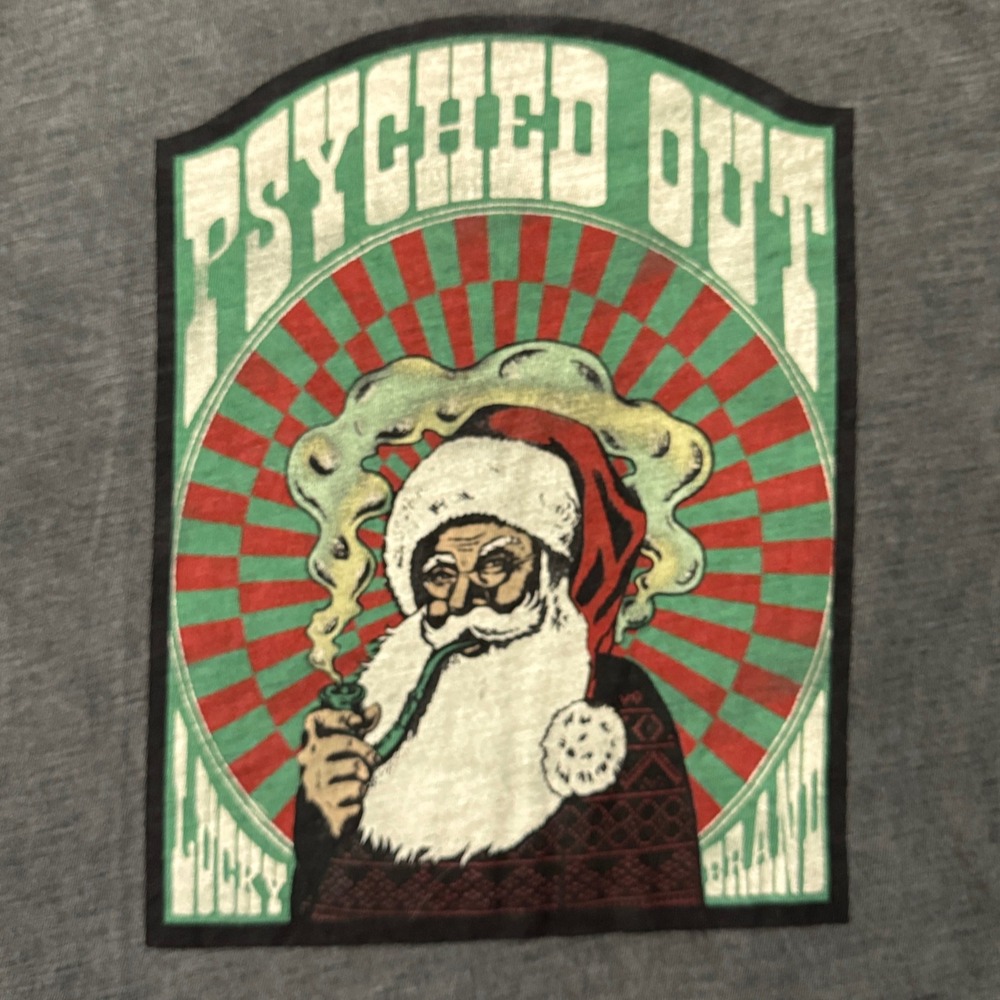 Lucky Brand Psyched Out Santa T-Shirt Large Gray Graphic Tee Christmas Xmas - Picture 2 of 9